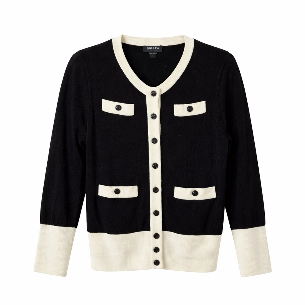 Worth New York 100% Wool Contrast Trim Cardigan‎ Petite Black